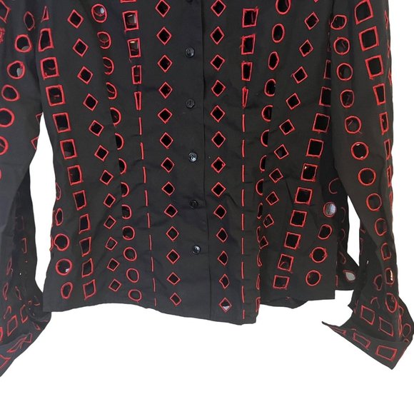 Samuel Dong Button Up Shirt Womens Small Black Red Geometric Cutout - Picture 3 of 11